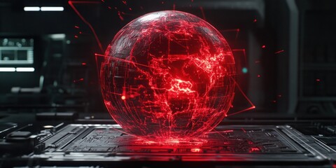 Aufkleber - A glowing red globe displays intricate data patterns in a futuristic setting.