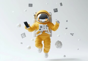Poster - A playful astronaut in a yellow suit, holding a smartphone, surrounded by floating objects.