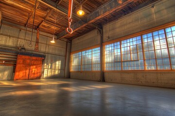 Aufkleber - A spacious industrial interior with large windows and warm lighting.