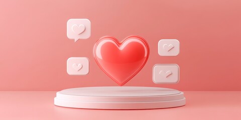 Aufkleber - A 3D heart symbol surrounded by chat bubbles on a pink background, representing love and communication.