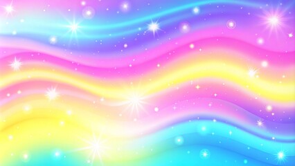 Holographic pastel color, galaxy fantasy background. The Pastel sky with a rainbow for unicorns. Glitter's rainbow sky. Rainbow unicorn fantasy background with stars and sparkles