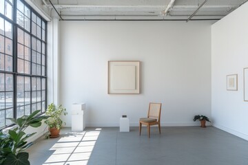 Poster - Minimalistic art gallery featuring a chair and potted plants in a bright, open space.