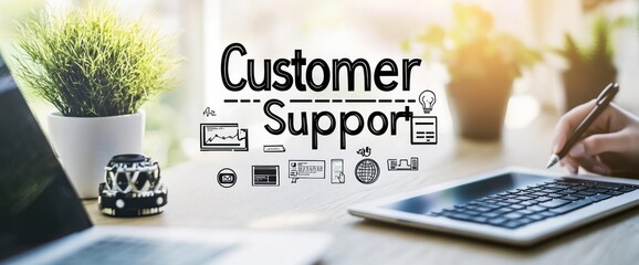 Poster - A workspace featuring customer support graphics and a person using a tablet.
