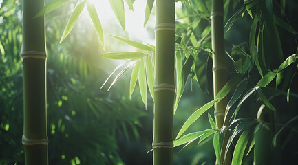 Poster - Lush bamboo forest illuminated by sunlight in serene natural setting