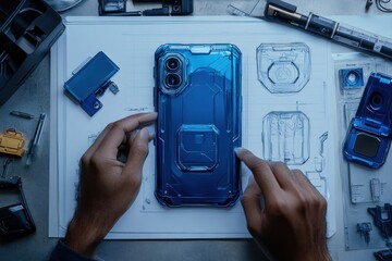 Poster - A person examining a blue phone case on a design sketch with tools scattered around.