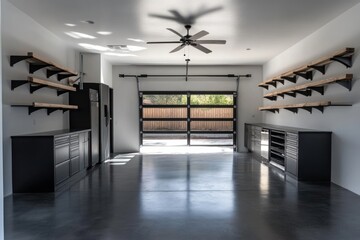 Poster - Modern garage interior with shelving, large door, and polished concrete floor.