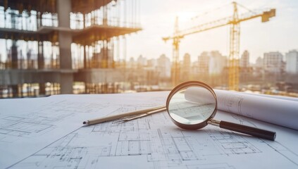 Poster - A construction site with blueprints and a magnifying glass, symbolizing planning and inspection.