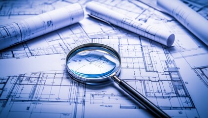 Poster - A magnifying glass rests on architectural blueprints, highlighting design details.