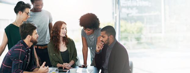 Poster - Designers, meeting or talk in office for advice, collaboration or team in banner. Creative people, project management or tech in agency space for business growth, startup development or brainstorming