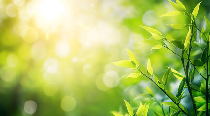 Poster - Lush green leaves illuminated by soft sunlight in a serene natural setting during early morning hours