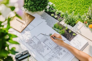 Poster - A hand sketches architectural plans outdoors, surrounded by greenery and flowers.
