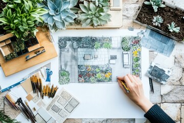 Poster - A hand sketches a garden design amidst plants and drafting tools on a workspace.