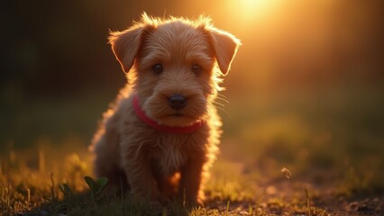 Poster -  a small brown puppy sitting in the grass at sunset, with a red belt around its neck The background is slightly blurred, giving the image a dreamy feel