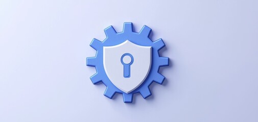 Poster - anti tracking settings concept. A blue gear with a shield and keyhole symbolizing security and protection in technology.