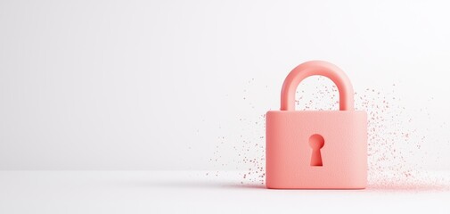 Fototapete - anti tracking settings concept. A pink padlock appears to disintegrate, symbolizing the concept of security and the fragility of protection in a minimalist setting.