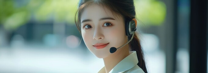 Poster - A smiling customer service representative wearing a headset in a bright environment.