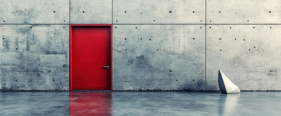 Poster - A minimalist scene featuring a red door against a concrete wall and a geometric object.