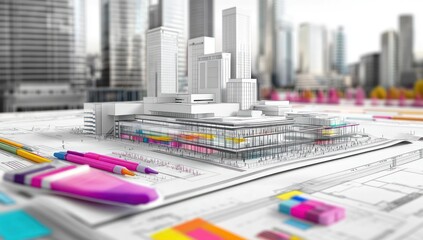 Poster - A detailed architectural model displayed on blueprints in an urban setting.
