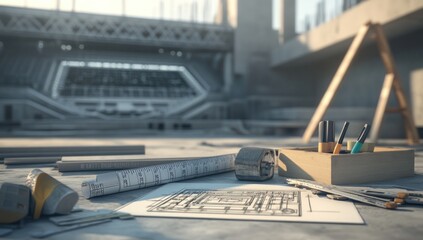 Poster - Construction site with blueprints, tools, and a ladder, indicating architectural work.