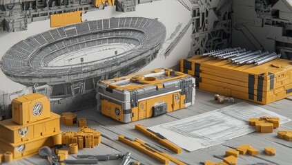 Poster - A detailed scene featuring construction tools and plans near a stadium backdrop.