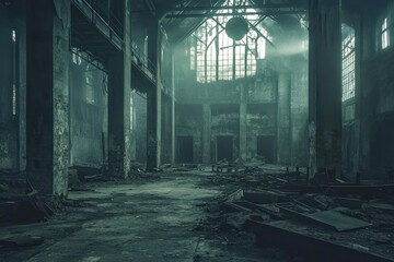 Poster - An abandoned industrial space with decaying structures and shafts of light filtering through windows.