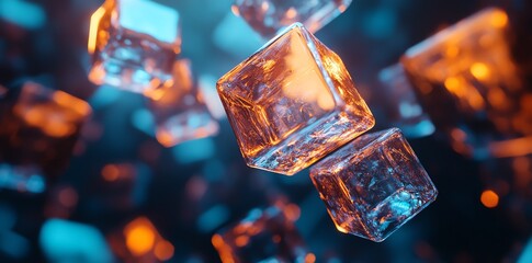 Poster - Floating ice cubes illuminated by vibrant blue and orange light.