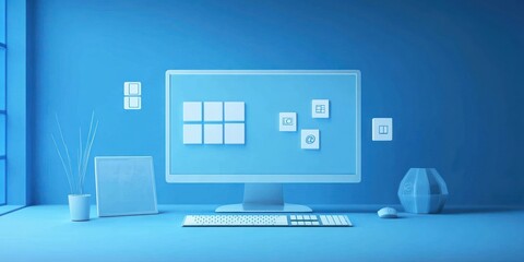 Aufkleber - A minimalist workspace featuring a computer and simple design elements in a blue theme.