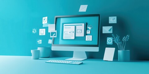 Poster - A modern workspace featuring a computer with digital communication icons.