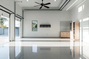 Poster - A spacious, well-lit garage with a fan, storage shelves, and polished flooring.