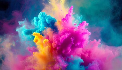Poster - Vivid multicolored neon smoke ink clouds in abstract bursts of vibrant hues resembling a psychedelic holi paint explosion, blending light and color in mesmerizing artistic forms of fluid