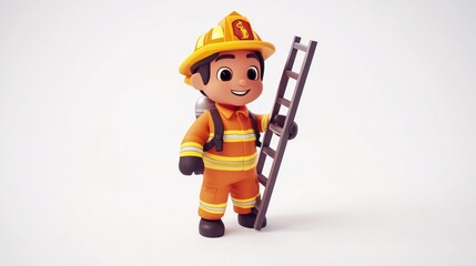 Poster - A cheerful cartoon firefighter holding a ladder, ready for action.
