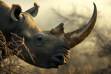 Aufkleber - A close-up of a rhinoceros in a natural setting, showcasing its features and environment.