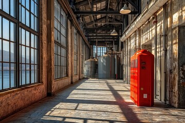 Poster - An industrial interior with large windows, sunlight casting shadows, and a red phone booth.