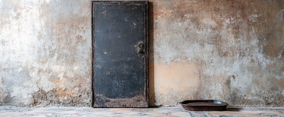 Poster - A weathered door against a textured wall with a metal tray on the ground.