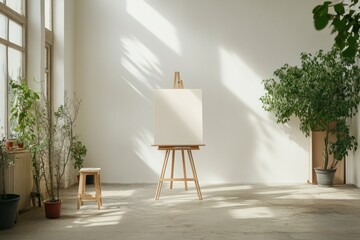 Poster - a minimalist art studio featuring an easel, blank canvas, and plants in a bright space.