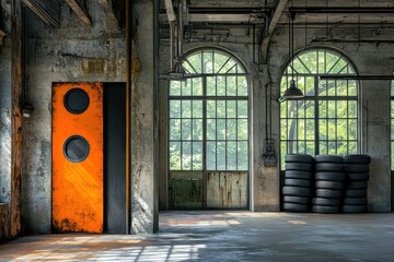 Poster - An industrial space featuring an orange door, large windows, and stacked tires.