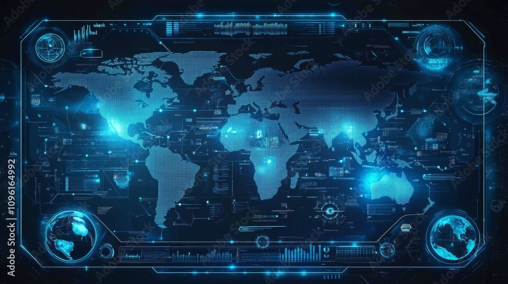 Digital World Map with Futuristic Interface in Blue Lights on Black ...