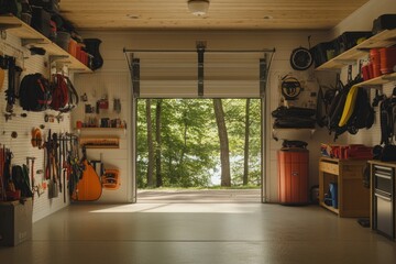 Poster - A well-organized garage with tools and a scenic view of nature outside.