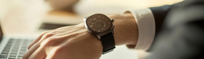 Poster - A close-up of a man's wristwatch while he works on a laptop.