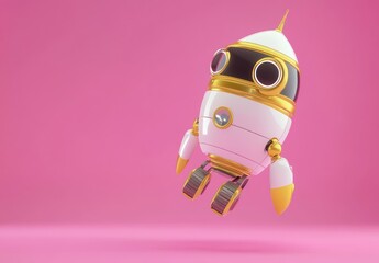 Poster - A whimsical rocket robot with a shiny finish, floating against a pink background.