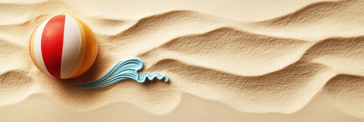 Poster - A beach scene featuring a colorful ball and a wave shape in fine sand.