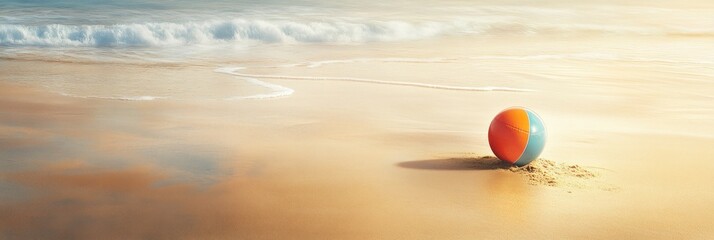 Poster - A colorful beach ball rests on the sandy shore, with gentle waves in the background.