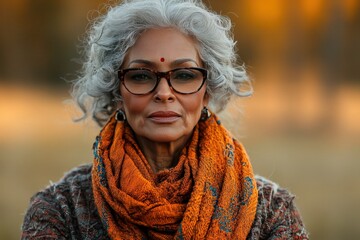 Wall Mural - Elegant mature woman in autumn attire with natural gray hair and stylish glasses outdoors