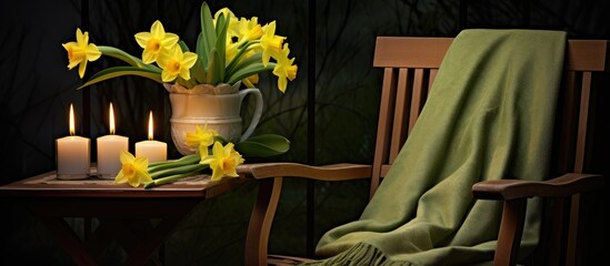 Sticker - Still life with yellow daffodils lit candles and a green runner on a garden chair symbolizing the transition of seasons and serene ambiance