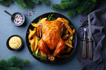 Wall Mural - Roasted chicken with potatoes on dark plate. Christmas dinner. Grey background. Close up. Top view.