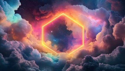 Poster - A vibrant cosmic scene featuring a glowing hexagon amidst colorful clouds and stars.