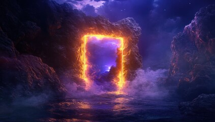 Poster - A mystical portal framed by rocky cliffs, leading to a vibrant, cloud-filled sky.
