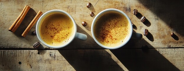 Poster - Two cups of spiced coffee on a wooden table with cinnamon sticks and coffee beans.