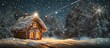 Gingerbread house adorned with snow under a shooting star surrounded by winter scenery on a wooden surface at night