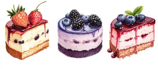 Wall Mural - Three delicious cakes featuring vibrant layers of strawberry, blueberry, and blackberry toppings perfect for dessert lovers and culinary presentations.